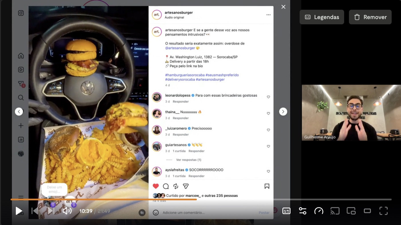 Aula do Restaurante Viral: Guilherme analisando um Reels da Artesanos Burger